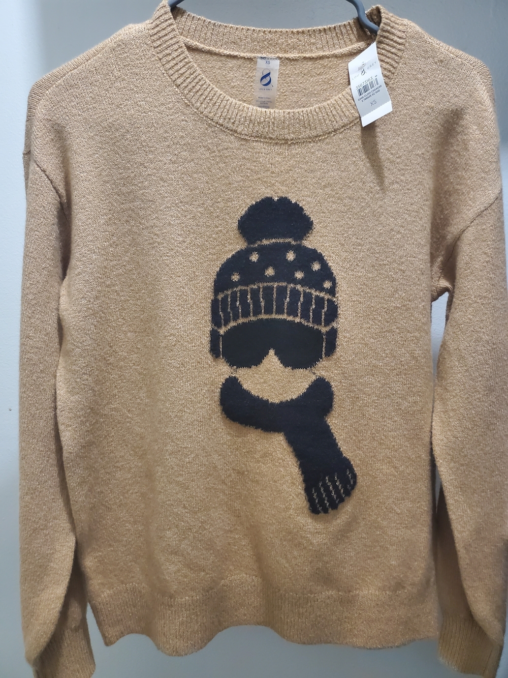 Women's Tan Crewneck Sweater with Black Winter Graphic